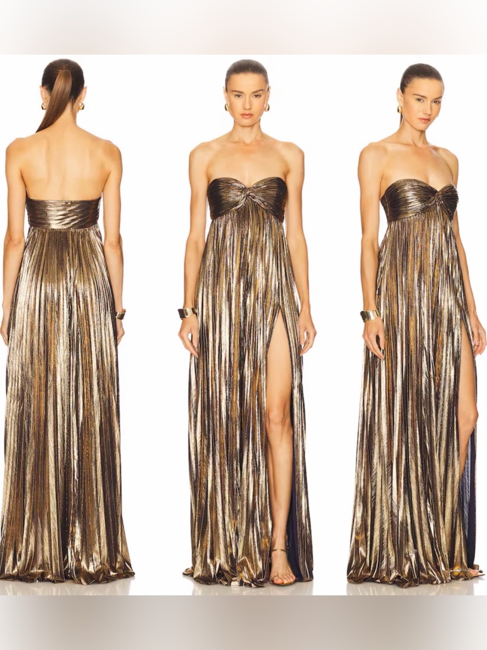 NWT Retrofete Zoa Strapless Lamé Twisted-Bodice Gown in Antique Gold Size Small
